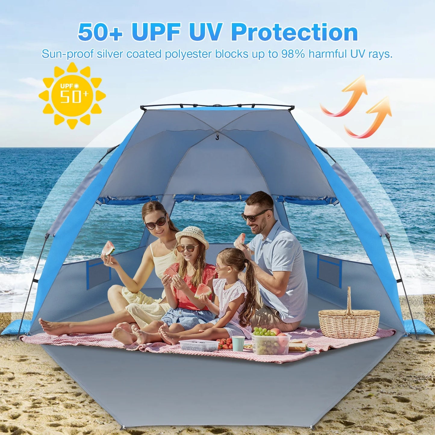 Beach Tent for 4-6 Person, UPF 50+ UV Protection Pop up Beach Tent Sun Shelter, Lightweight Waterproof Sunshade