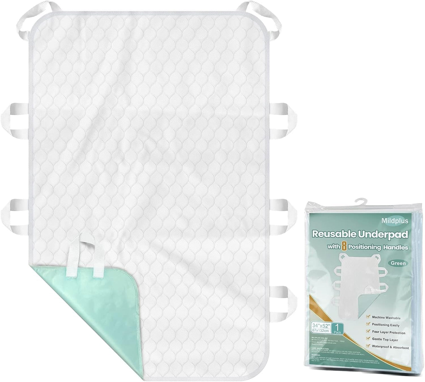 Washable Bed Pads with 8 Sturdy Handles 34”×52” Extra Large Reusable Underpads 4-Layers Leakproof Chucks Pads Washable for Incontinence (1 Pack; Green)