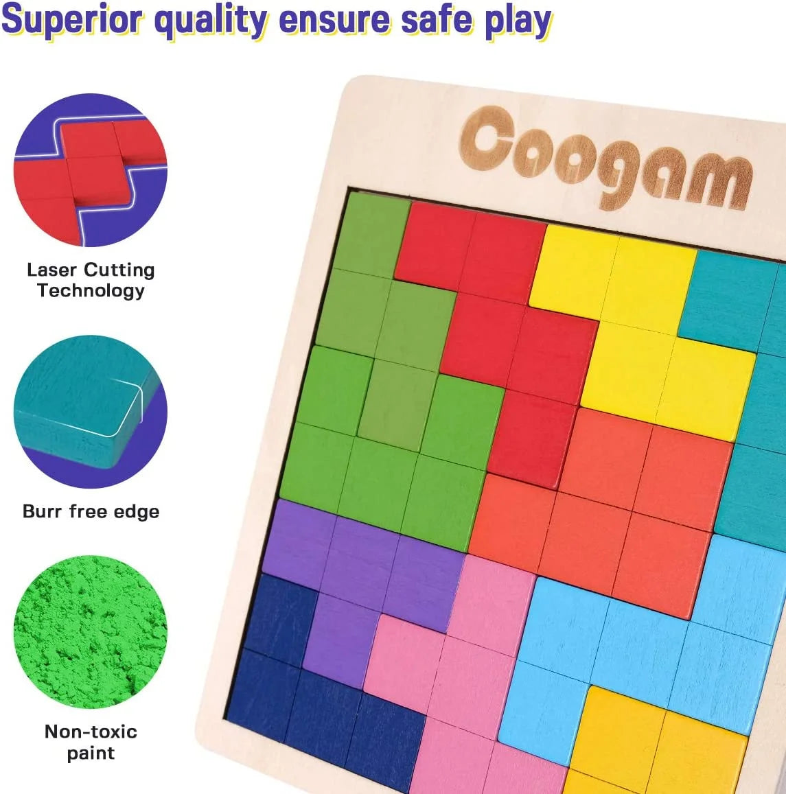 Wooden Puzzle Pattern Blocks Brain Teasers Game with 60 Challenges, 3D Russian Building Toy Wood Tangram Shape Jigsaw Puzzles Montessori STEM Educational Toys Gift for Kids Adults