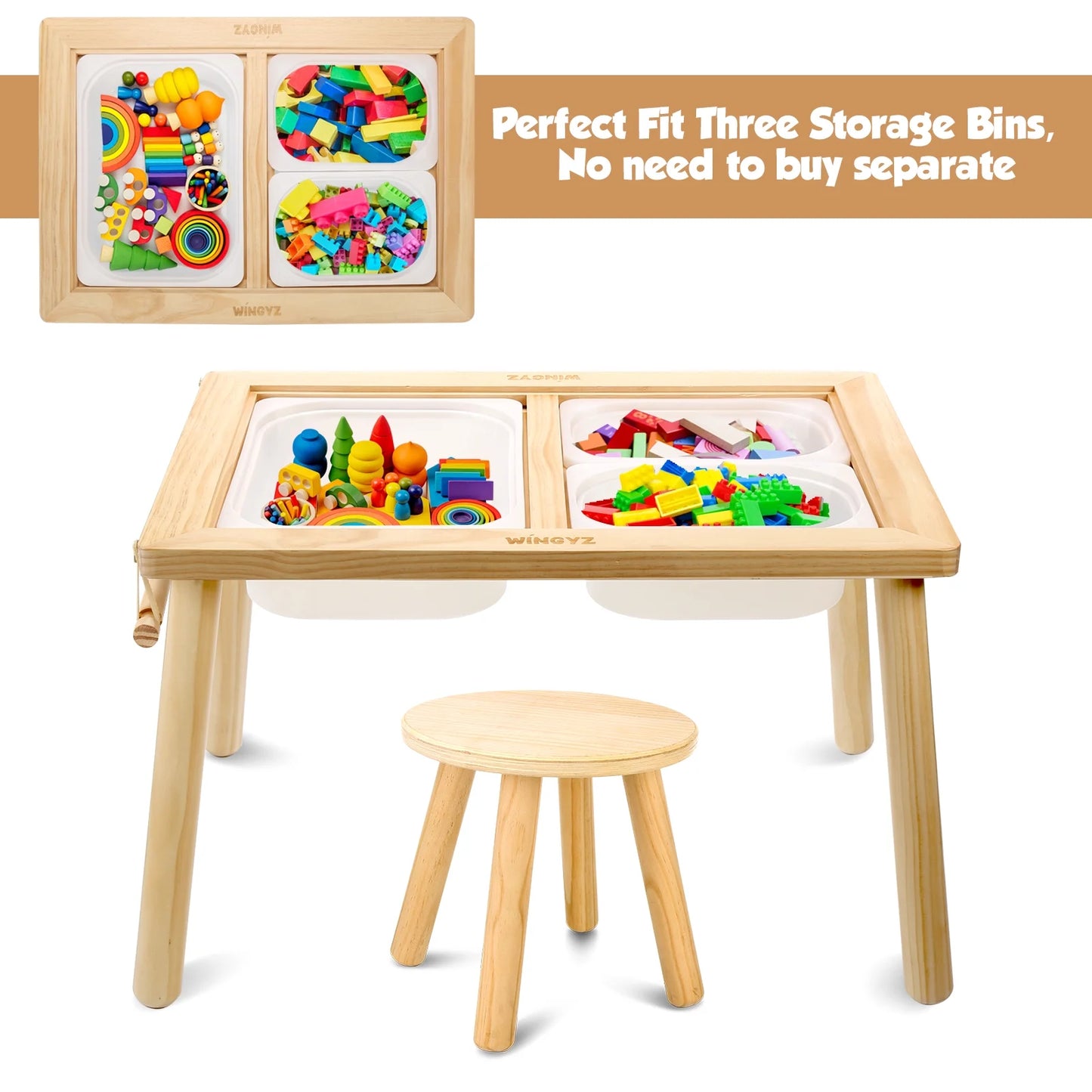 Kids Sensory Table & Chairs, Wood Toddler Activity Table with Storage