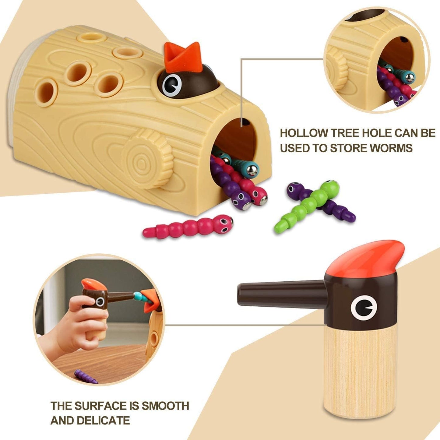 Montessori Toys, Woodpecker Worm Magnetic Bird Feeding Game