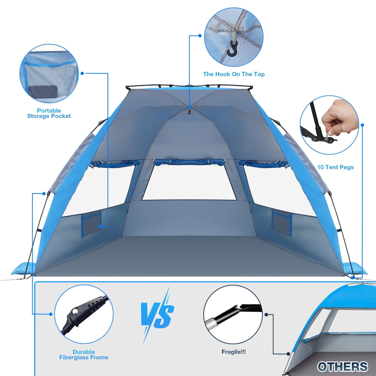 Beach Tent for 4-6 Person, UPF 50+ UV Protection Pop up Beach Tent Sun Shelter, Lightweight Waterproof Sunshade