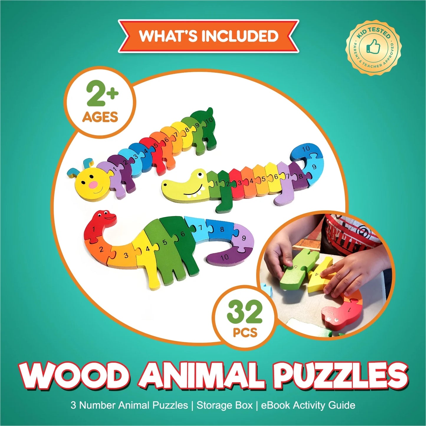 3 Wooden Animal Puzzles - Colors and Counting Rainbow Toy