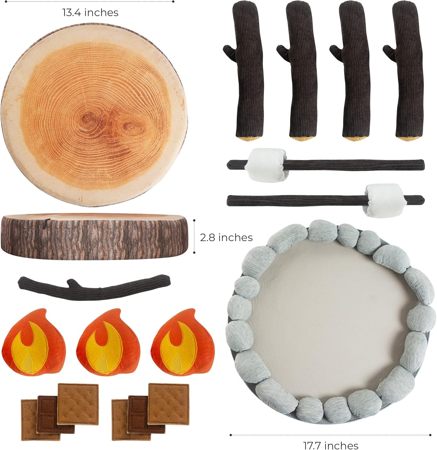 Pretend Campfire Set for Kids with S'Mores Kit & Wood Log Pillow