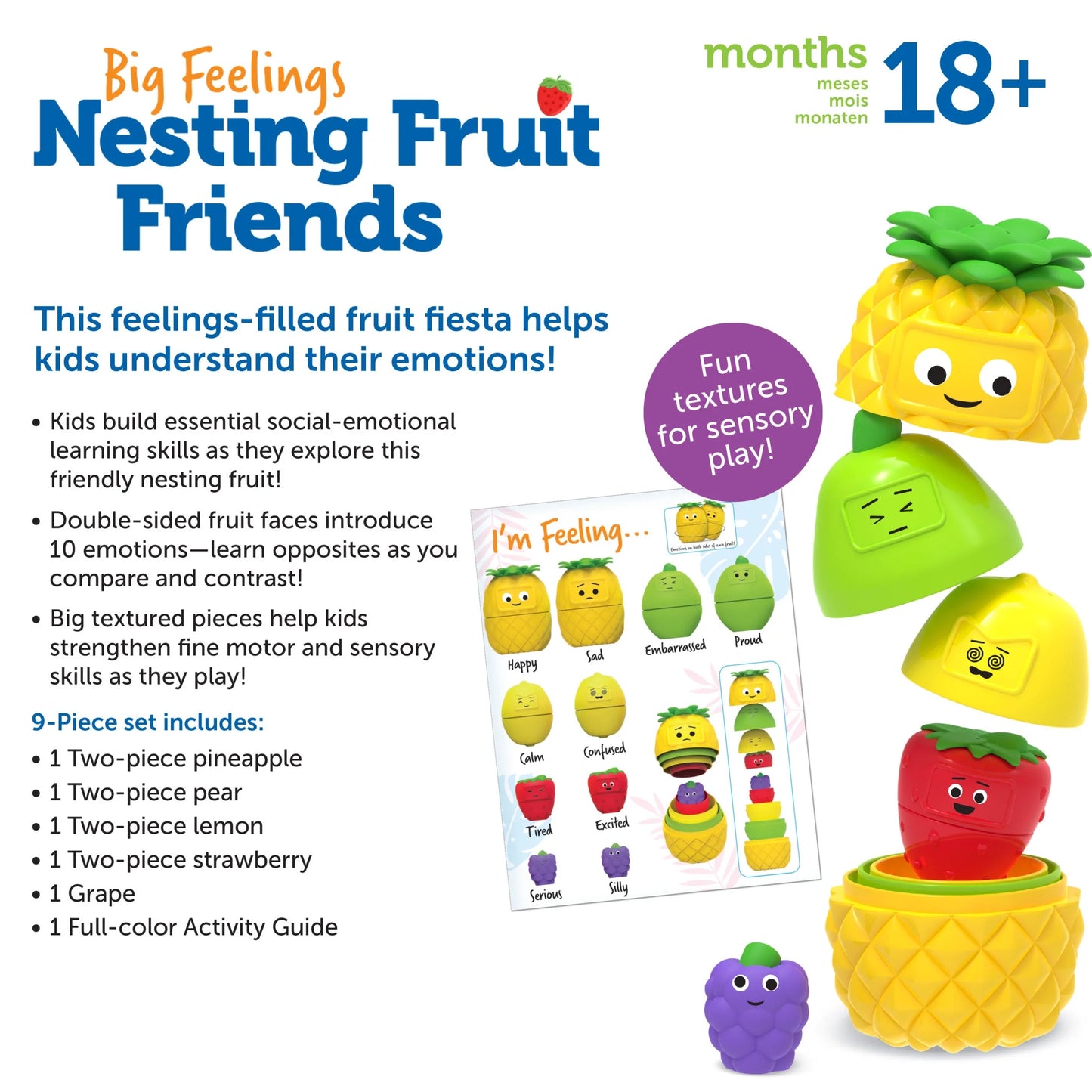 Big Feelings Nesting Fruit Friends, Social Emotional Toys for Toddlers, Sensory Toys, Speech Therapy Materials, Easter Toys ,Ages 18+ Months, 9 Pieces