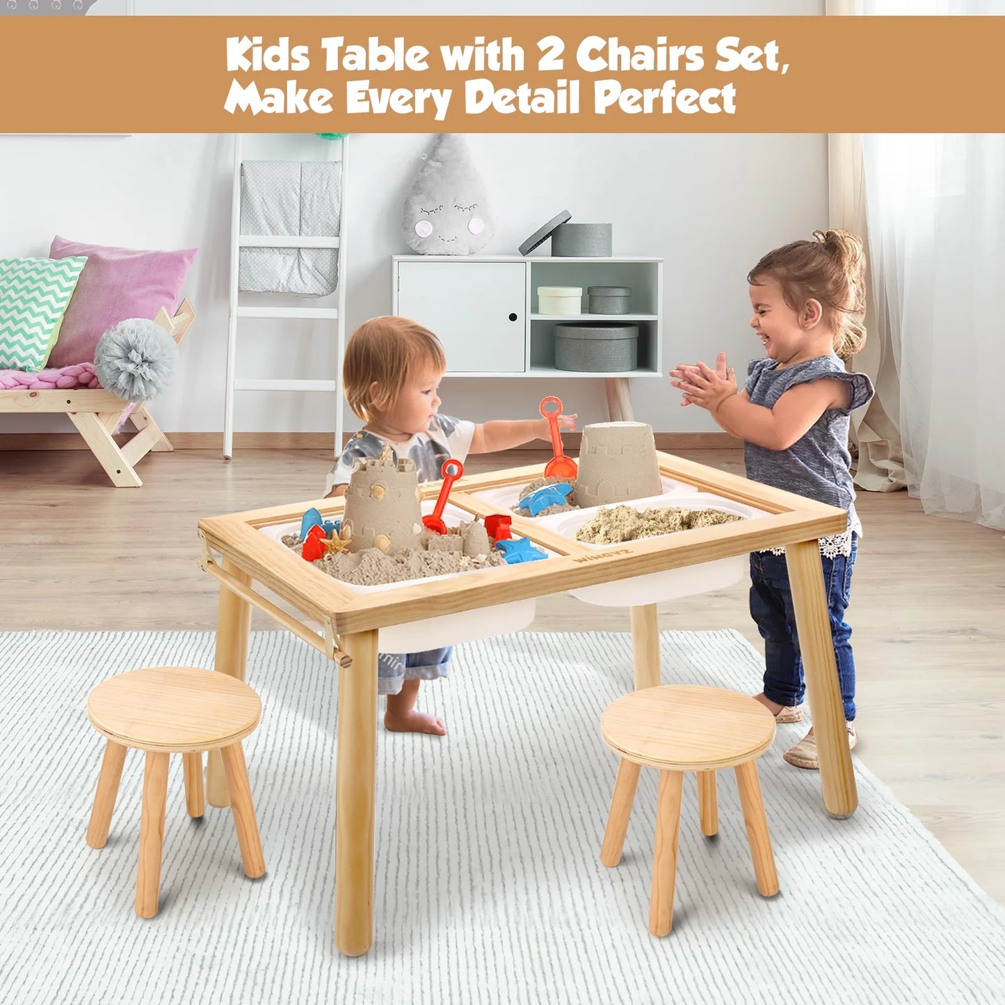 Kids Sensory Table & Chairs, Wood Toddler Activity Table with Storage