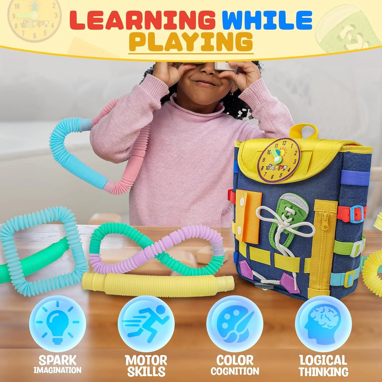 Toddler Backpack Busy Board with Buckles and Zippers