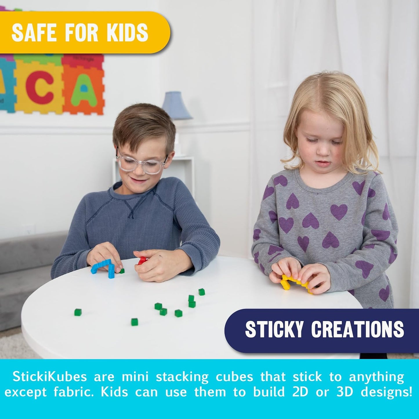 Stickikubes, Mini Stacking Cubes That Stick to Anything, Non Toxic Kid Safe Sticky Blocks, 125 Cubes
