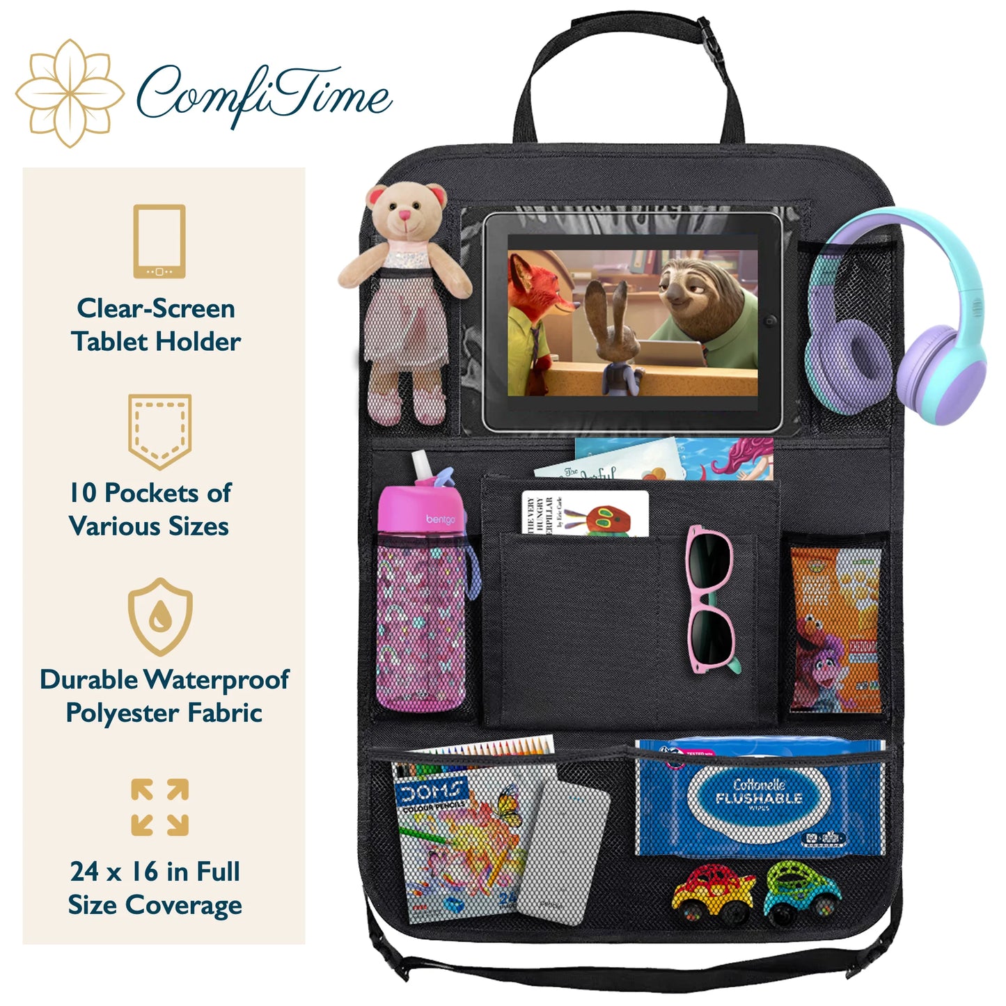 Car Seat Organizer,Waterproof Car Backseat Organizer W/ 10” Tablet Holder Cup Holder for Kids,10 Pockets Backseat Organizer Protector Kick Mats,Car Accessories for Men / Women
