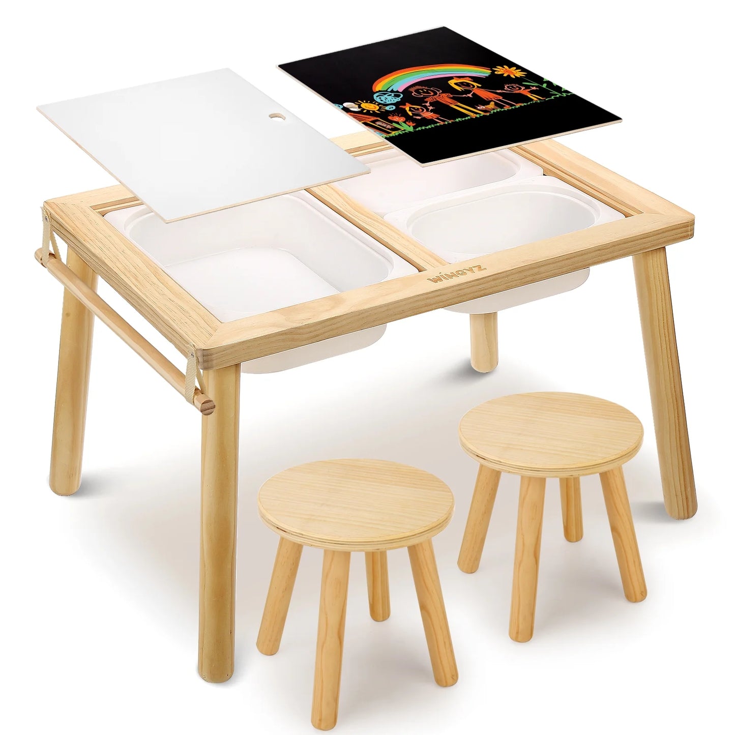 Kids Sensory Table & Chairs, Wood Toddler Activity Table with Storage