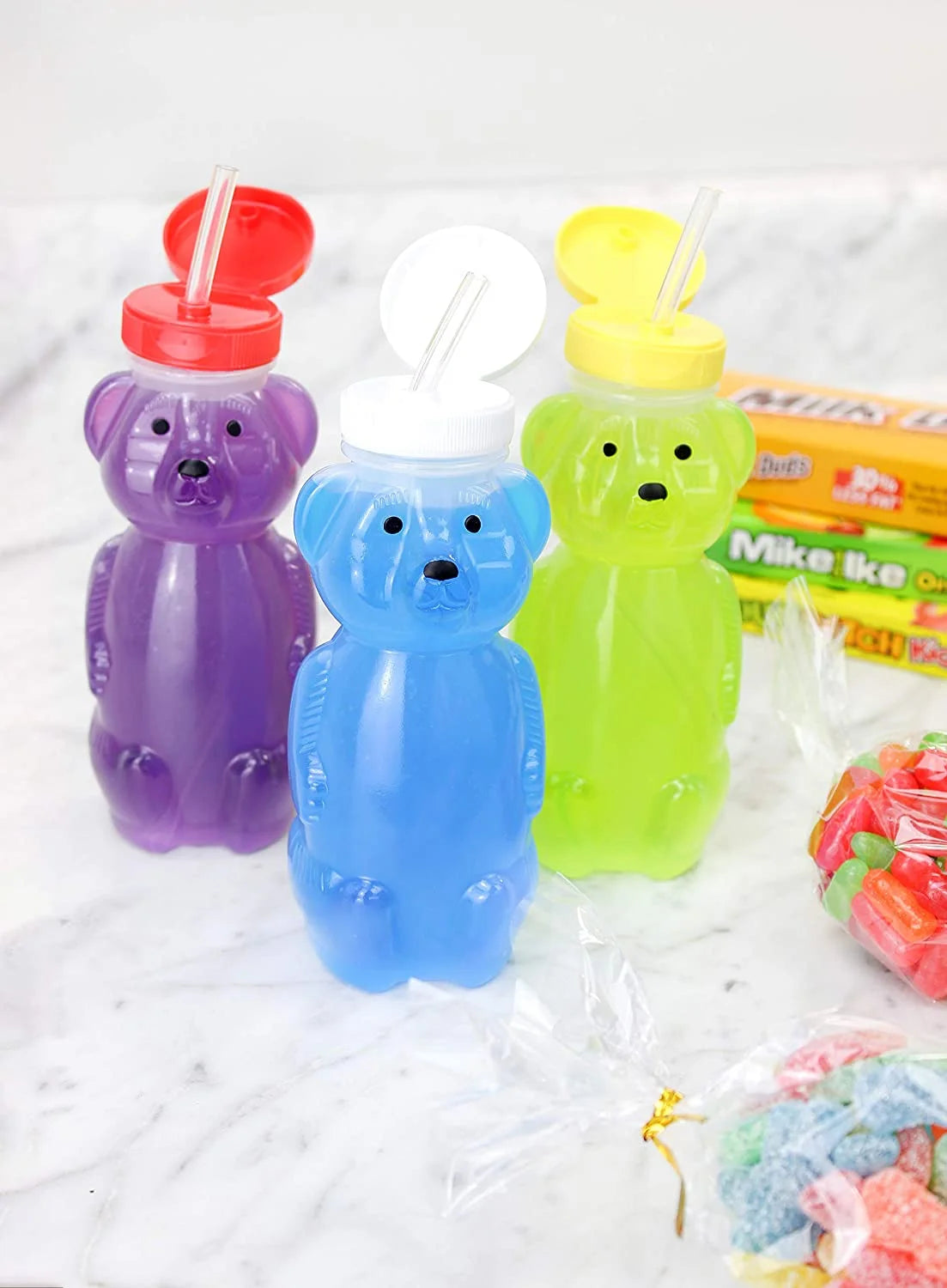 Honey Bear Straw Cups (3-Pack, Colored Lids), 8-Ounce Therapy Sippy Bottles W/Flexible Straws and Colored Lids