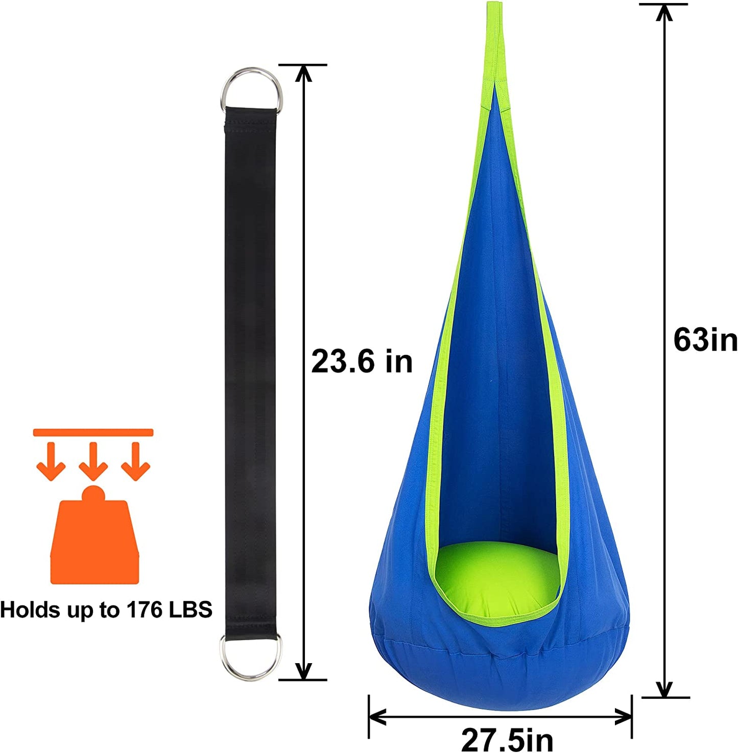 Kids Pod Swing Seat, Hanging Hammock Chair with Inflatable Pillow, Sensory Swing Chair with Pocket for Outdoor and Indoor, Max 176Lbs (Blue and Green)