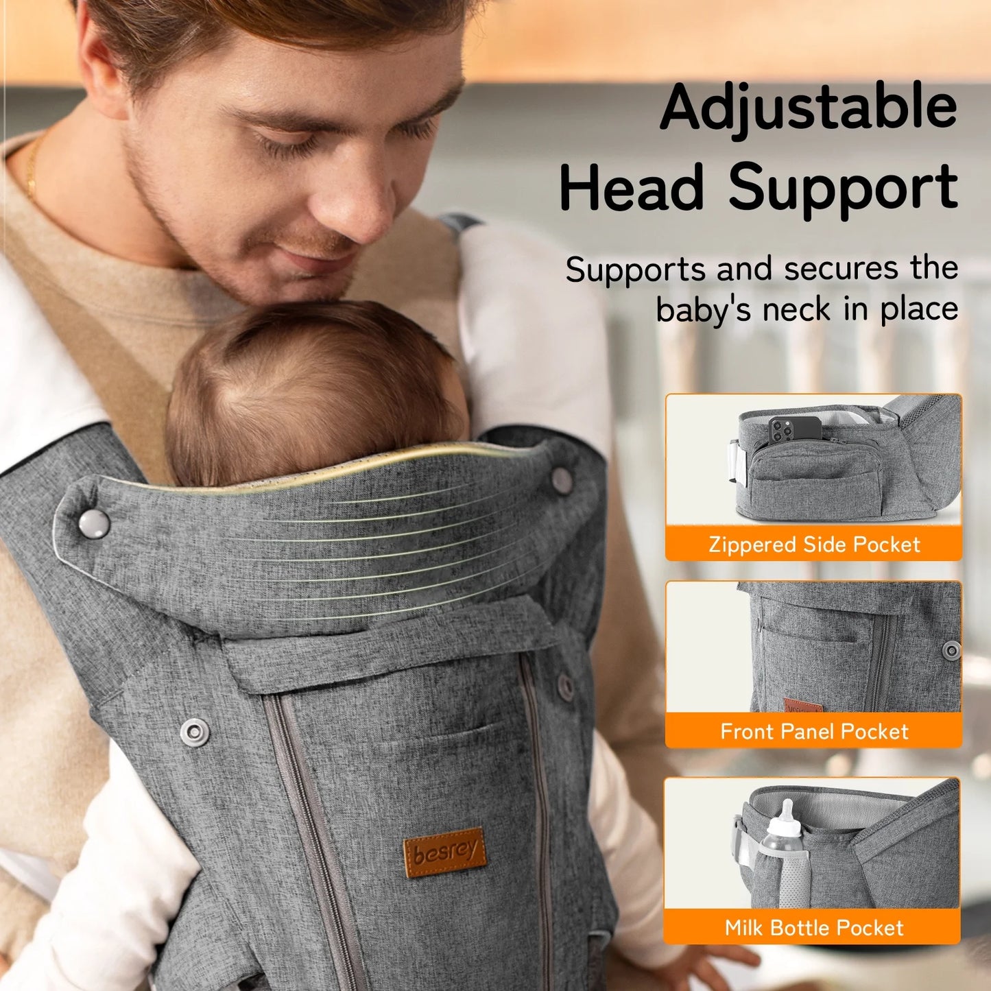 Baby Carrier with Ergonomic Seat, Hands-Free, 7-45 Lbs, Unisex,Gray