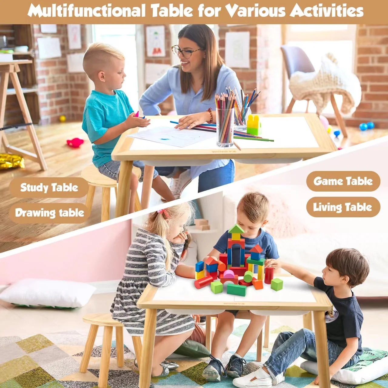 Kids Sensory Table & Chairs, Wood Toddler Activity Table with Storage