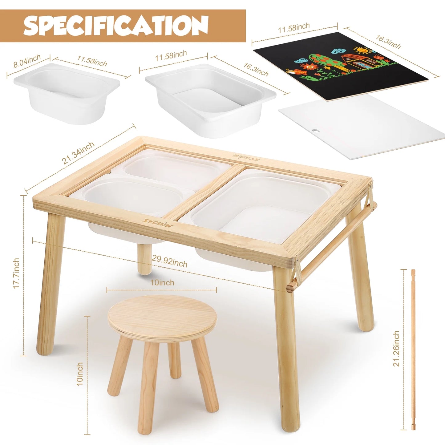 Kids Sensory Table & Chairs, Wood Toddler Activity Table with Storage