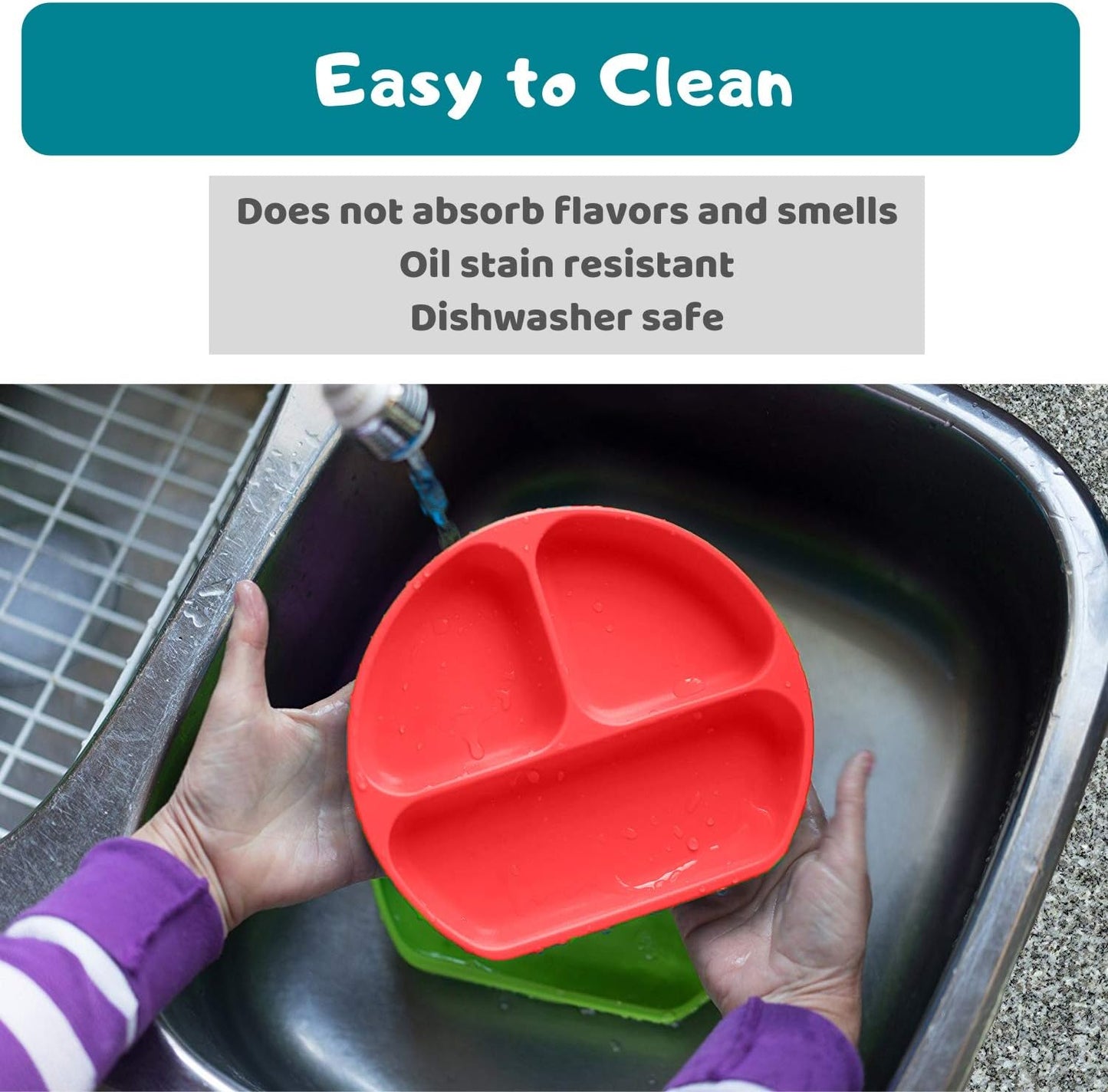 Suction Plate for Toddlers | BPA Free, 100% Food-Grade Silicone | Microwave, Dishwasher and Oven Safe | Stay Put Divided Baby Feeding Plates (1, Red)