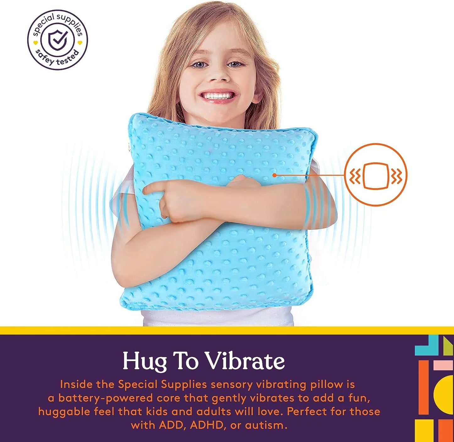 Vibrating Pillow Sensory Pressure Activated for Kids and Adults, 12” X 12” Plush Minky Soft Cover with Textured Therapy Stimulation Bumps, Blue