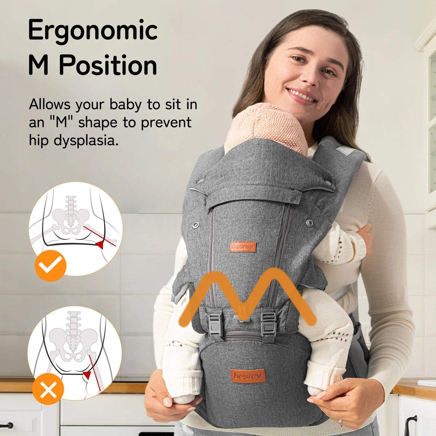 Baby Carrier with Ergonomic Seat, Hands-Free, 7-45 Lbs, Unisex,Gray