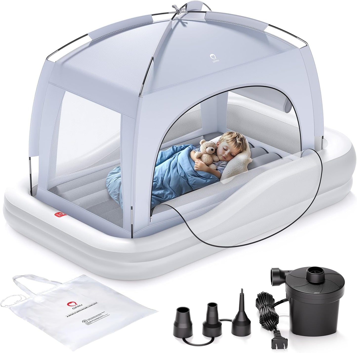 Inflatable Toddler Travel Bed with Tent, Baby Crib Tent, Portable Kids Air Mattress with Safety Bumpers, Ideal for Home, Grandma'S, Camping, Traveling -Includes Fast Electric Pump