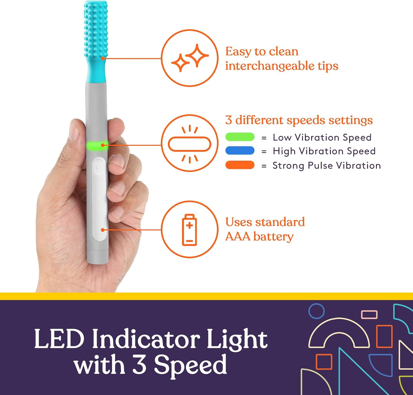 Buzz Buddy Oral Motor Stimulation Kit with 6 Soft Textured Interchangeable Heads, Calm Sensory Needs, Support Speech, and Stimulate Self Feeding, Gentle Vibrations (Grey)