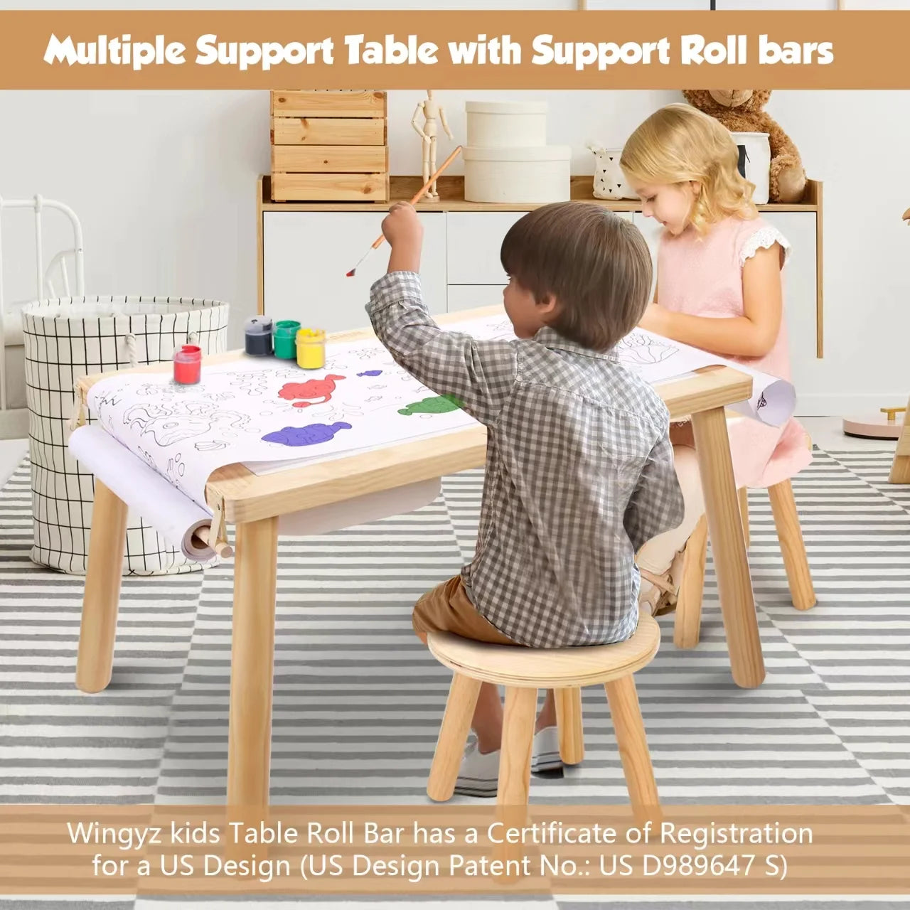 Kids Sensory Table & Chairs, Wood Toddler Activity Table with Storage