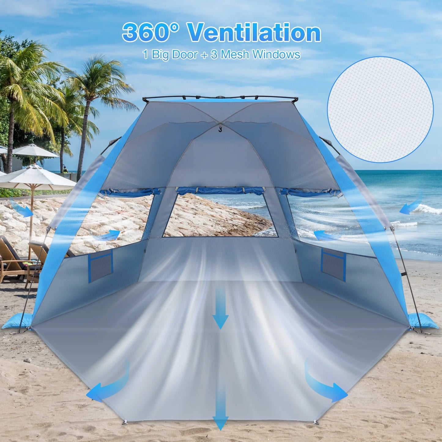 Beach Tent for 4-6 Person, UPF 50+ UV Protection Pop up Beach Tent Sun Shelter, Lightweight Waterproof Sunshade