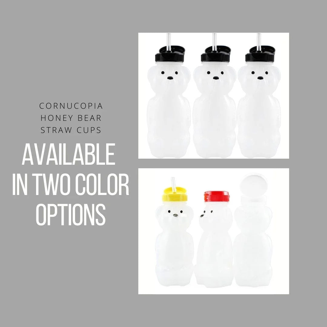 Honey Bear Straw Cups (3-Pack, Colored Lids), 8-Ounce Therapy Sippy Bottles W/Flexible Straws and Colored Lids