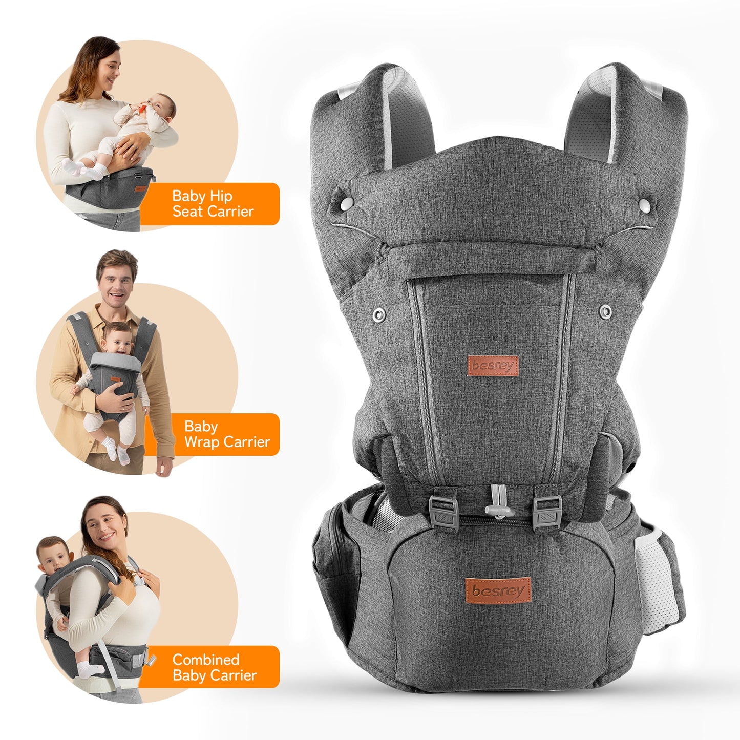 Baby Carrier with Ergonomic Seat, Hands-Free, 7-45 Lbs, Unisex,Gray