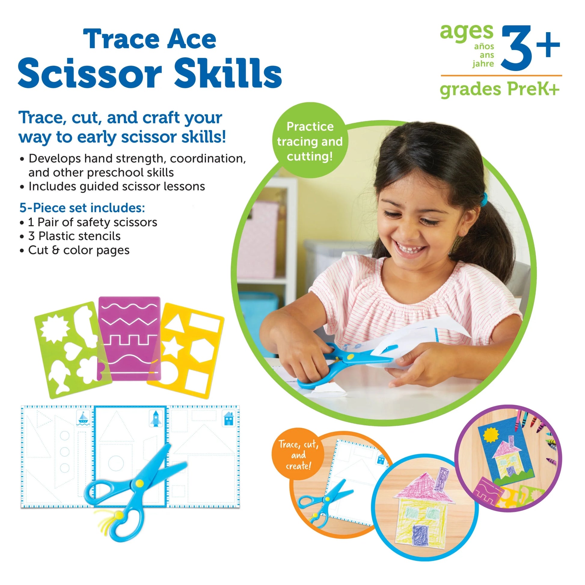 Trace Ace Scissor Skills Set - 7 Pieces, Boys and Girls Ages 3+ Fine Motor Tools for Toddlers, Scissor Skills for Toddlers