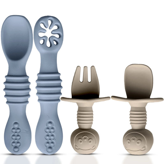 4Pc Baby Led Weaning Set, Baby Feeding Utensils, Toddler Cutlery Set, BPA Free Silicone, Dishwasher and Microwave Safe (Gray/Beige)