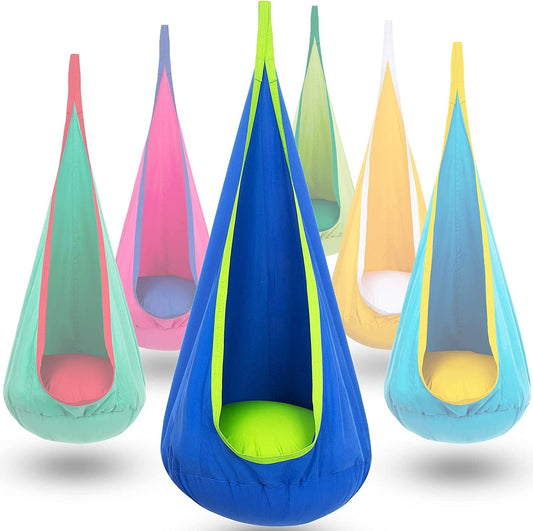 Kids Pod Swing Seat, Hanging Hammock Chair with Inflatable Pillow, Sensory Swing Chair with Pocket for Outdoor and Indoor, Max 176Lbs (Blue and Green)