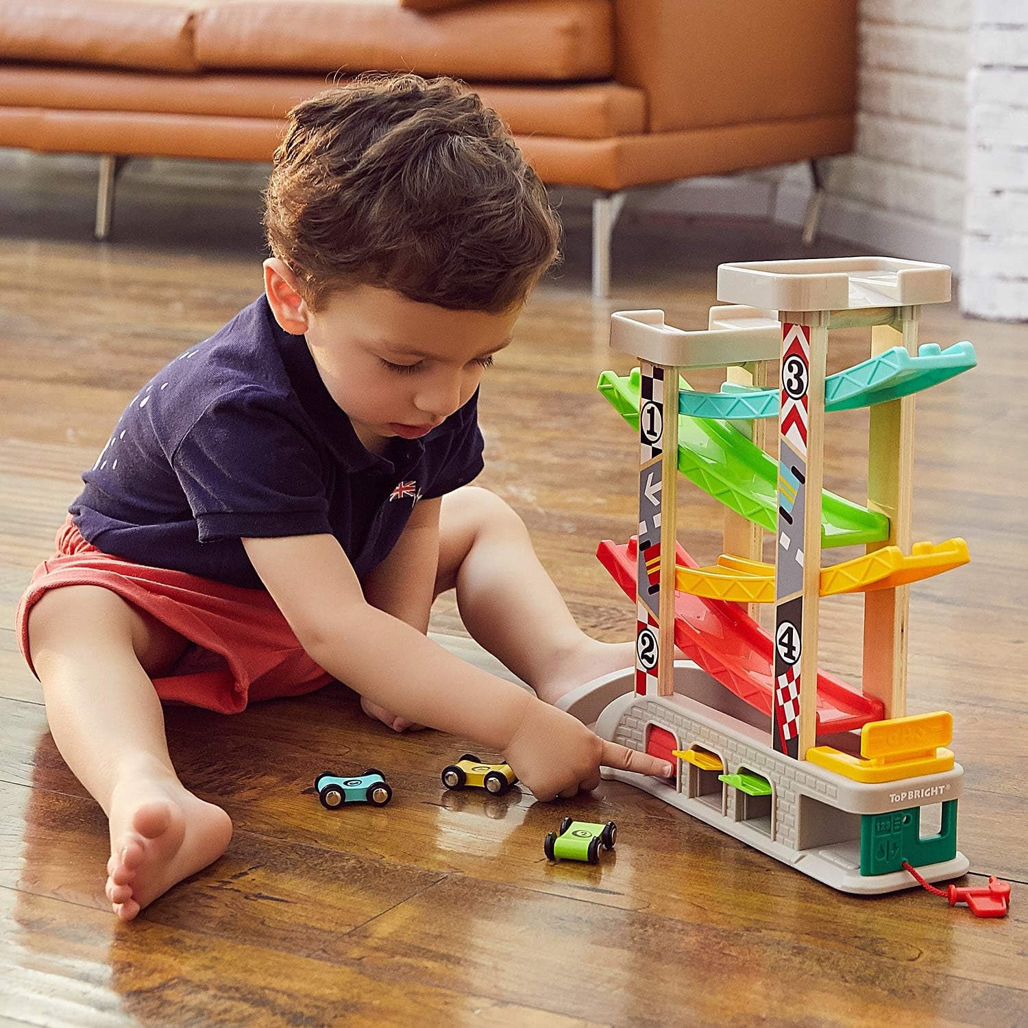 Toddler Race Track Car Ramp Toy with 4 Wooden Cars and 3 Car Garage