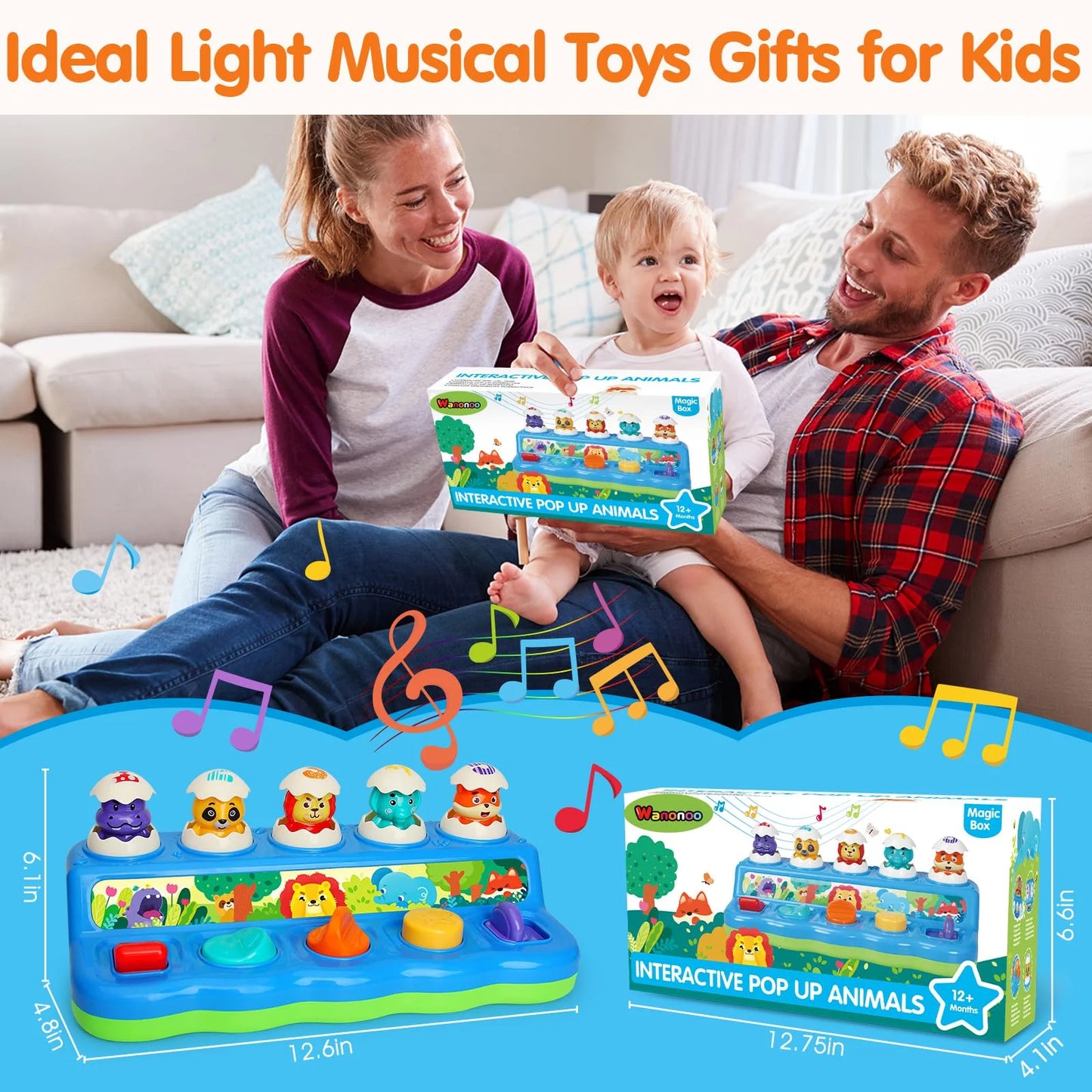 Pop up Animal Toys 9-12-18 Months with Music & Light, Montessori Cause and Effect Toys for 1 Year Old Boy Girl, Early Learning Toys STEM Toddler Toys Age 1-2 Gift