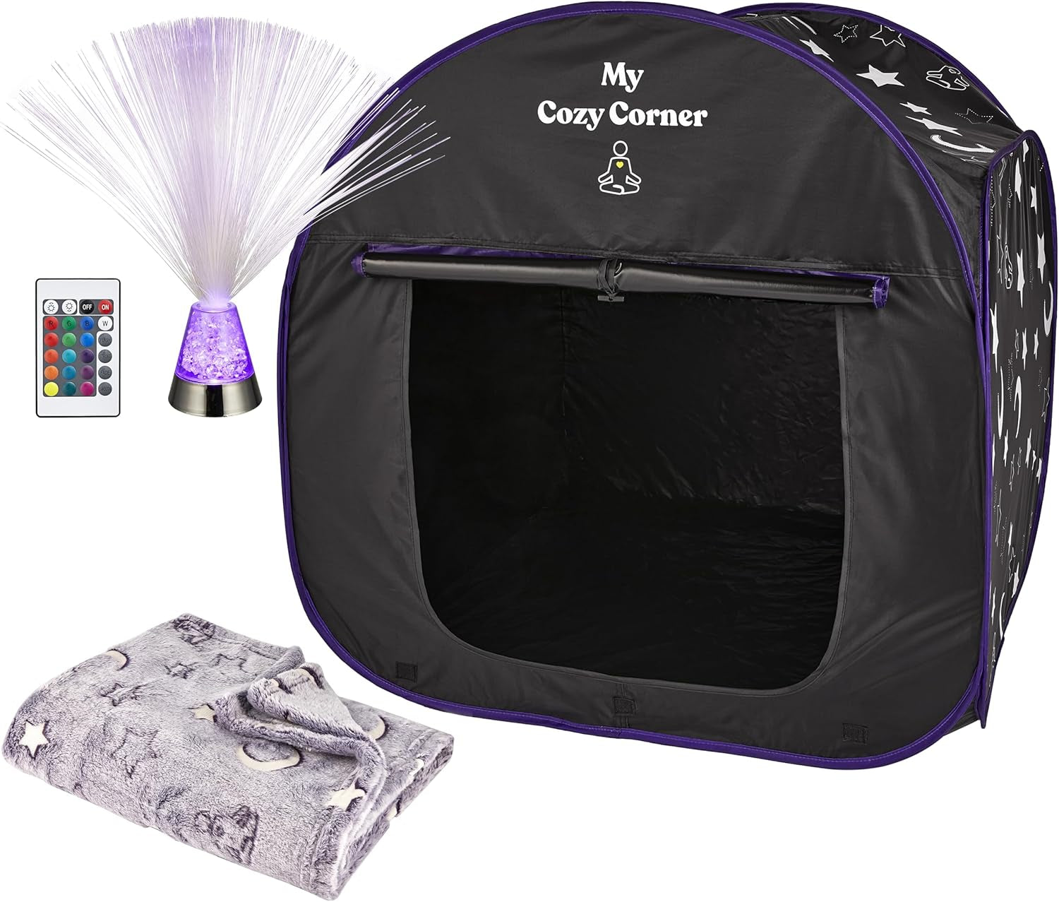 Blackout Sensory Tent for Kids, with Fiber Optic Lamp and Glow-In-The-Dark Fuzzy Blanket