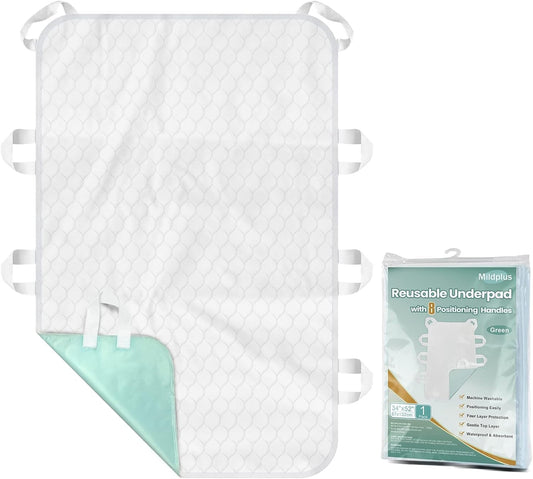 Washable Bed Pads with 8 Sturdy Handles 34”×52” Extra Large Reusable Underpads 4-Layers Leakproof Chucks Pads Washable for Incontinence (1 Pack; Green)