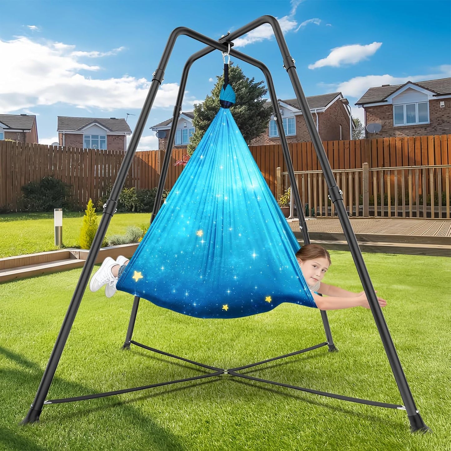 Swing Stand Frame with Sensory Swing Pod Chair, X-Shaped Swing Set