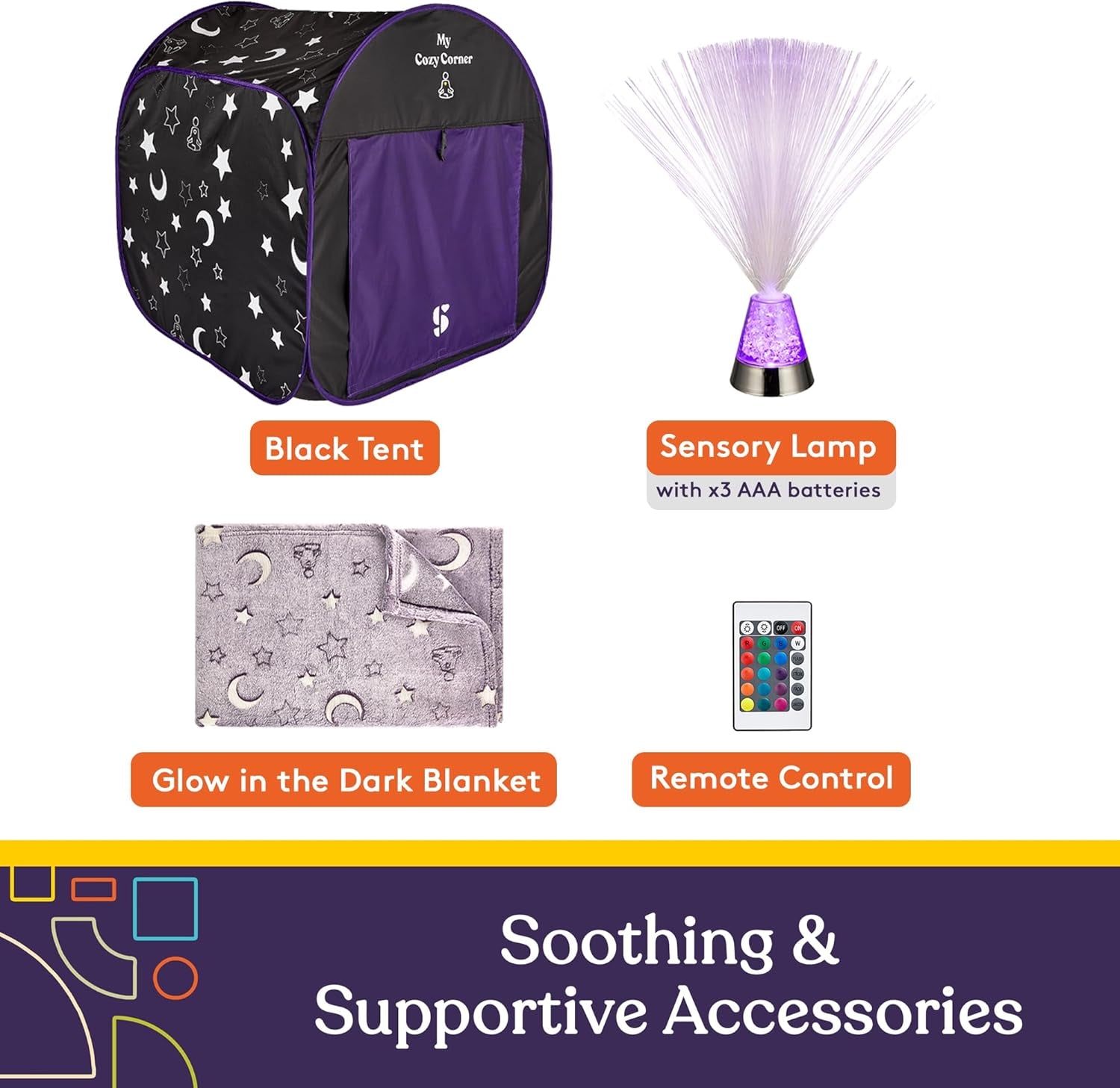 Blackout Sensory Tent for Kids, with Fiber Optic Lamp and Glow-In-The-Dark Fuzzy Blanket