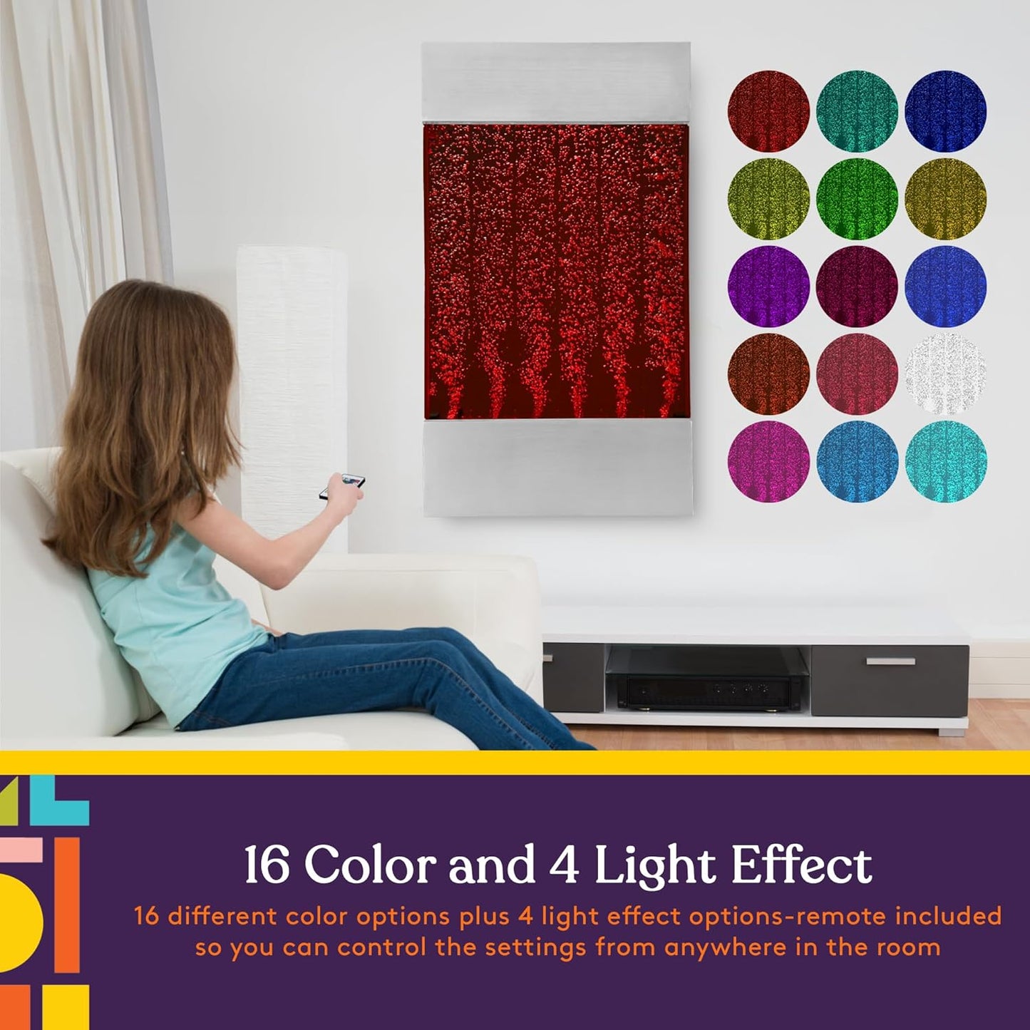LED Bubble Wall with Colorful Fountain Tubes for Sensory Relief, with Remote
