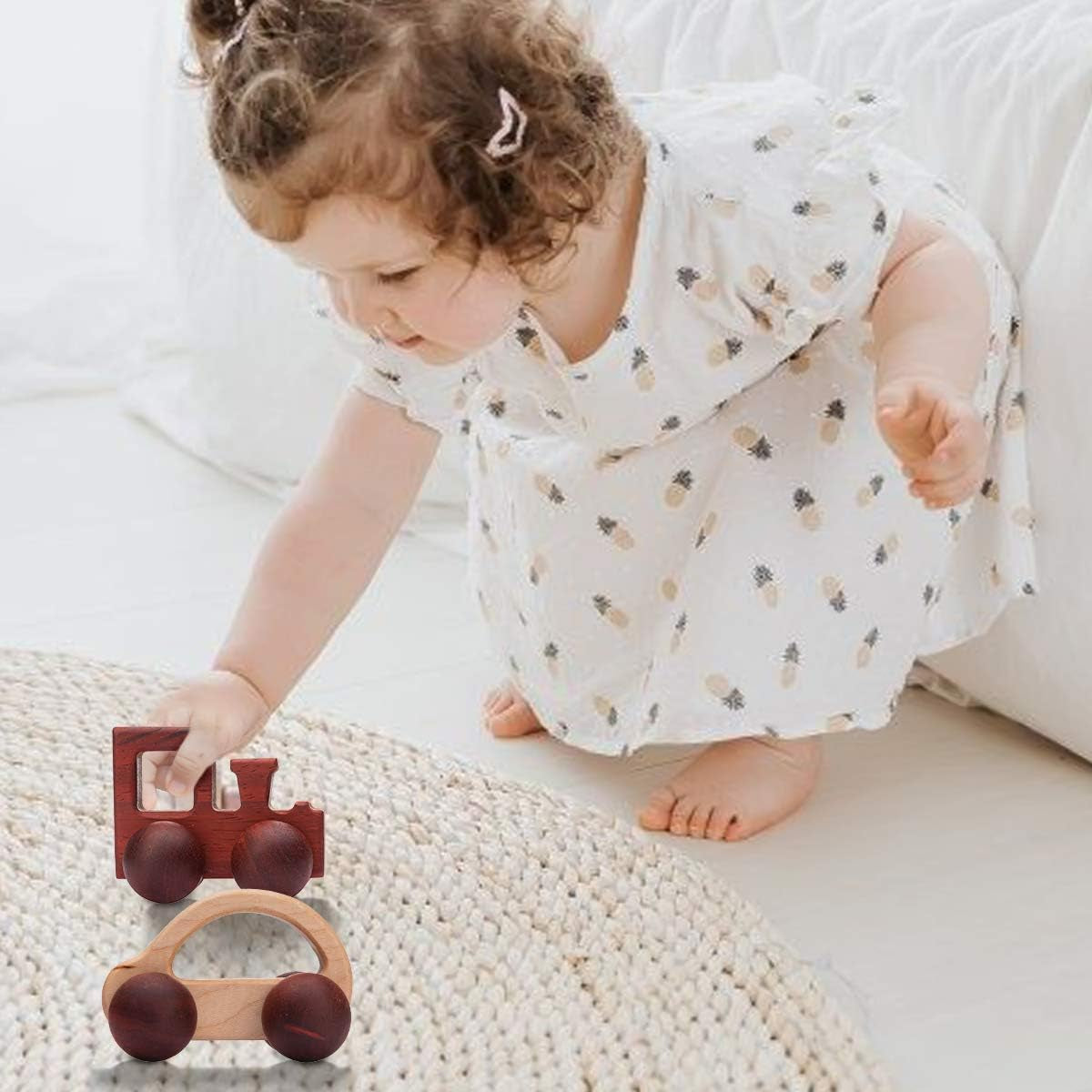 2Pc Wooden Rattle Organic Wooden Cars Push Car Toys Montessori Educational Natural Wood Toys Inspired Baby Newborn Perfect Shower Gift