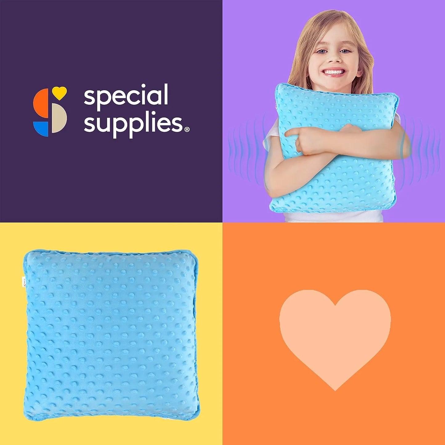 Vibrating Pillow Sensory Pressure Activated for Kids and Adults, 12” X 12” Plush Minky Soft Cover with Textured Therapy Stimulation Bumps, Blue