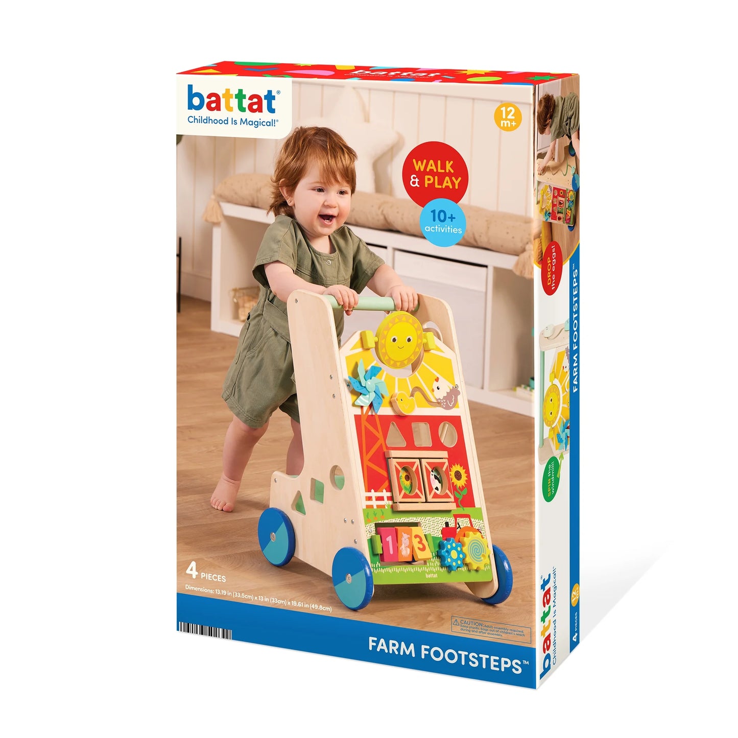 Farm Footsteps Wooden Activity Walker 19.61 in with 3 Shapes, Baby and Toddler Toys