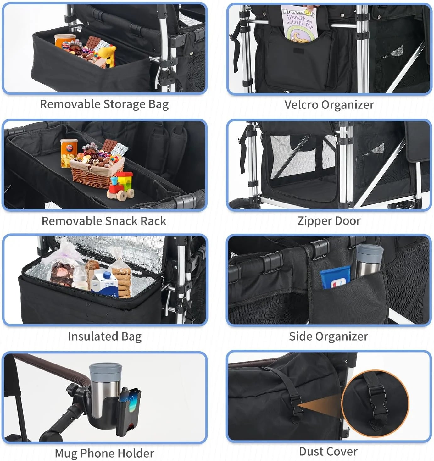 Stroller Wagon for 4 Kids,  Wagon Cart Featuring 4 High Seat with 5-Point Harnesses and Adjustable Canopy, Foldable Double Push Bar Wagon Stroller for Garden, Stroller, Camping (Black)