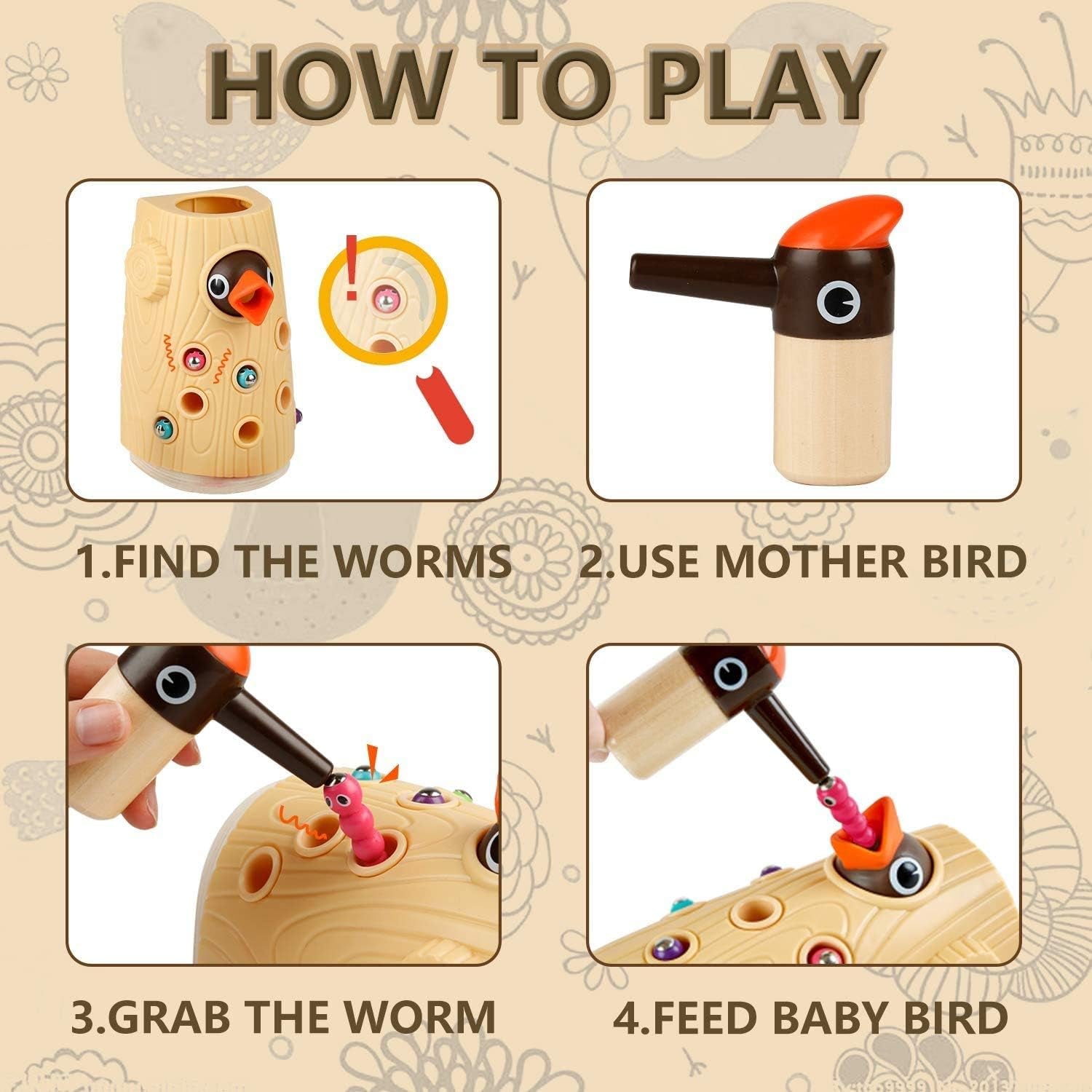 Montessori Toys, Woodpecker Worm Magnetic Bird Feeding Game