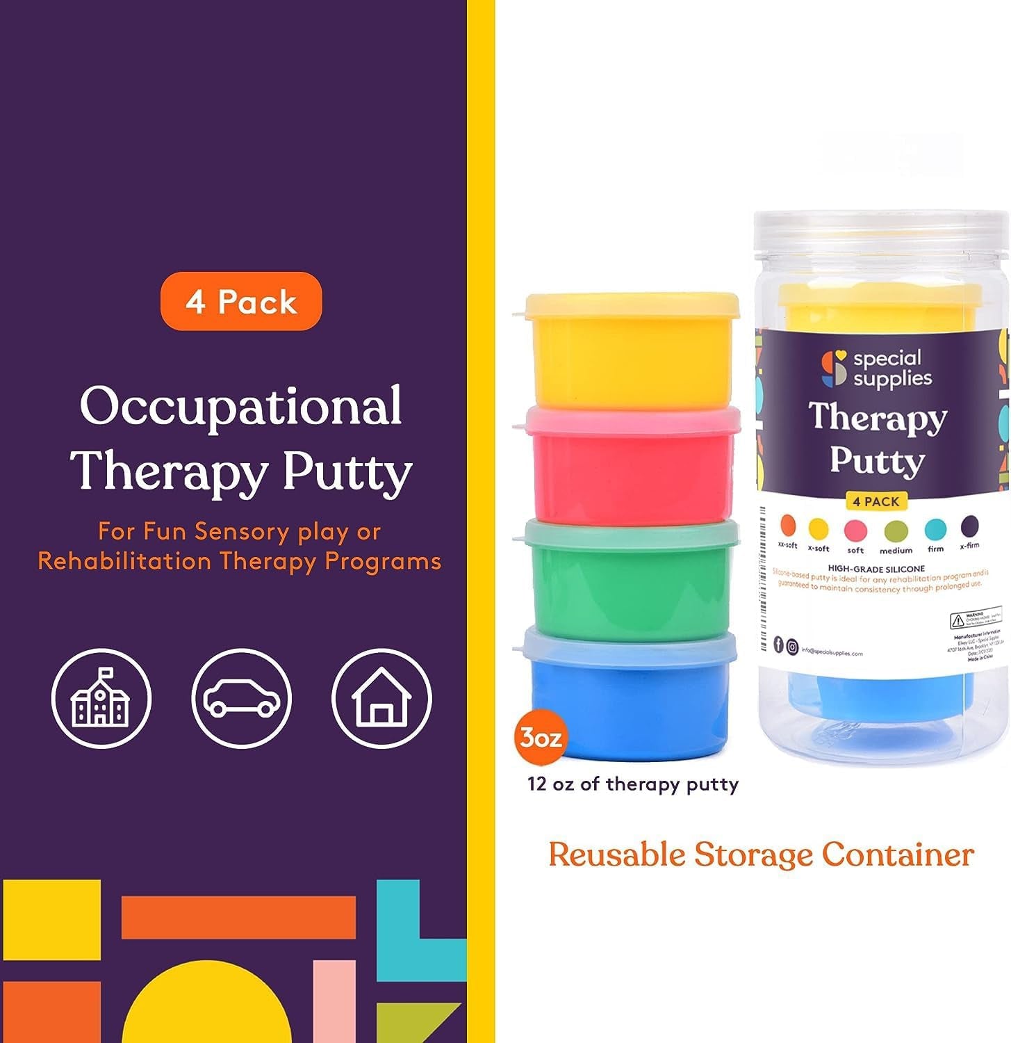 Therapy Putty for Teens and Adults - Set of 4 Strengths, Three Ounces of Each Putty (Primary Colors)