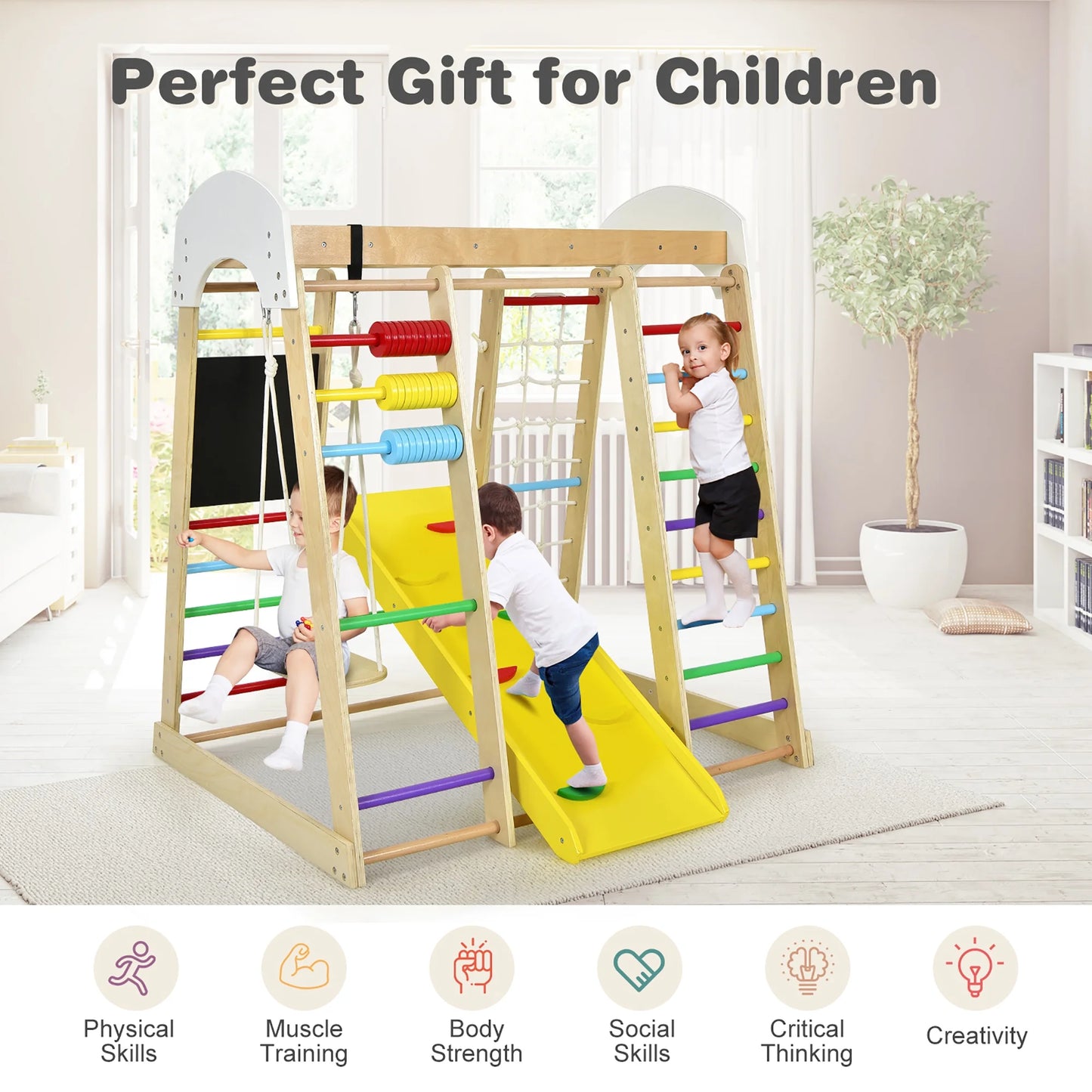 Indoor Playground Climbing Gym Kids Wooden 8 in 1 Climber Playset for Children Multicolor