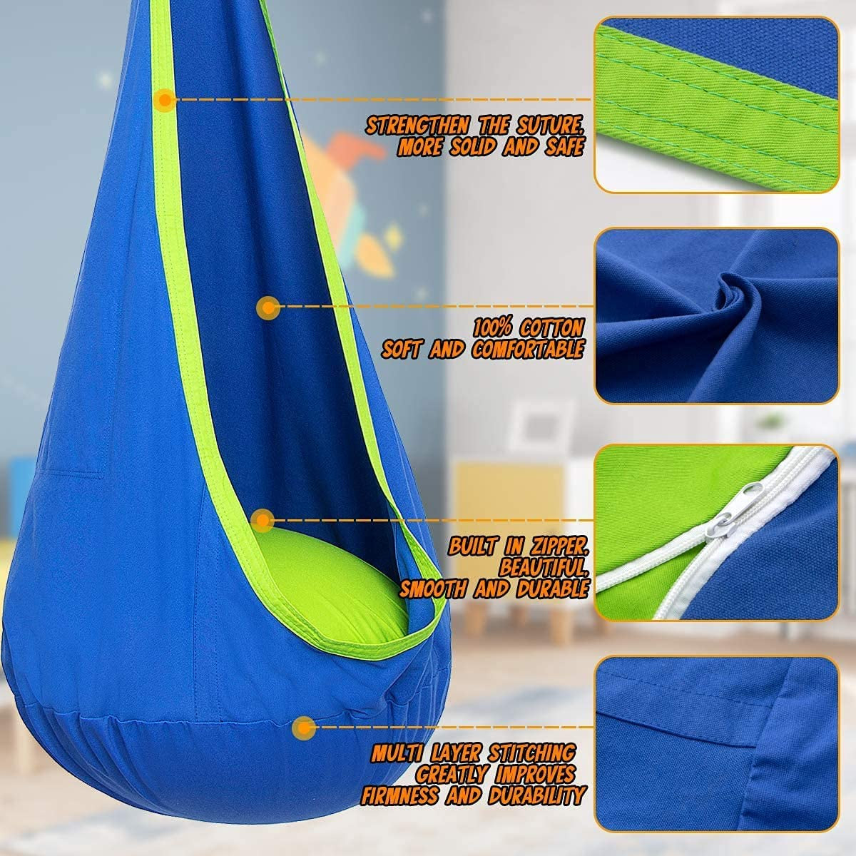 Kids Pod Swing Seat, Hanging Hammock Chair with Inflatable Pillow, Sensory Swing Chair with Pocket for Outdoor and Indoor, Max 176Lbs (Blue and Green)