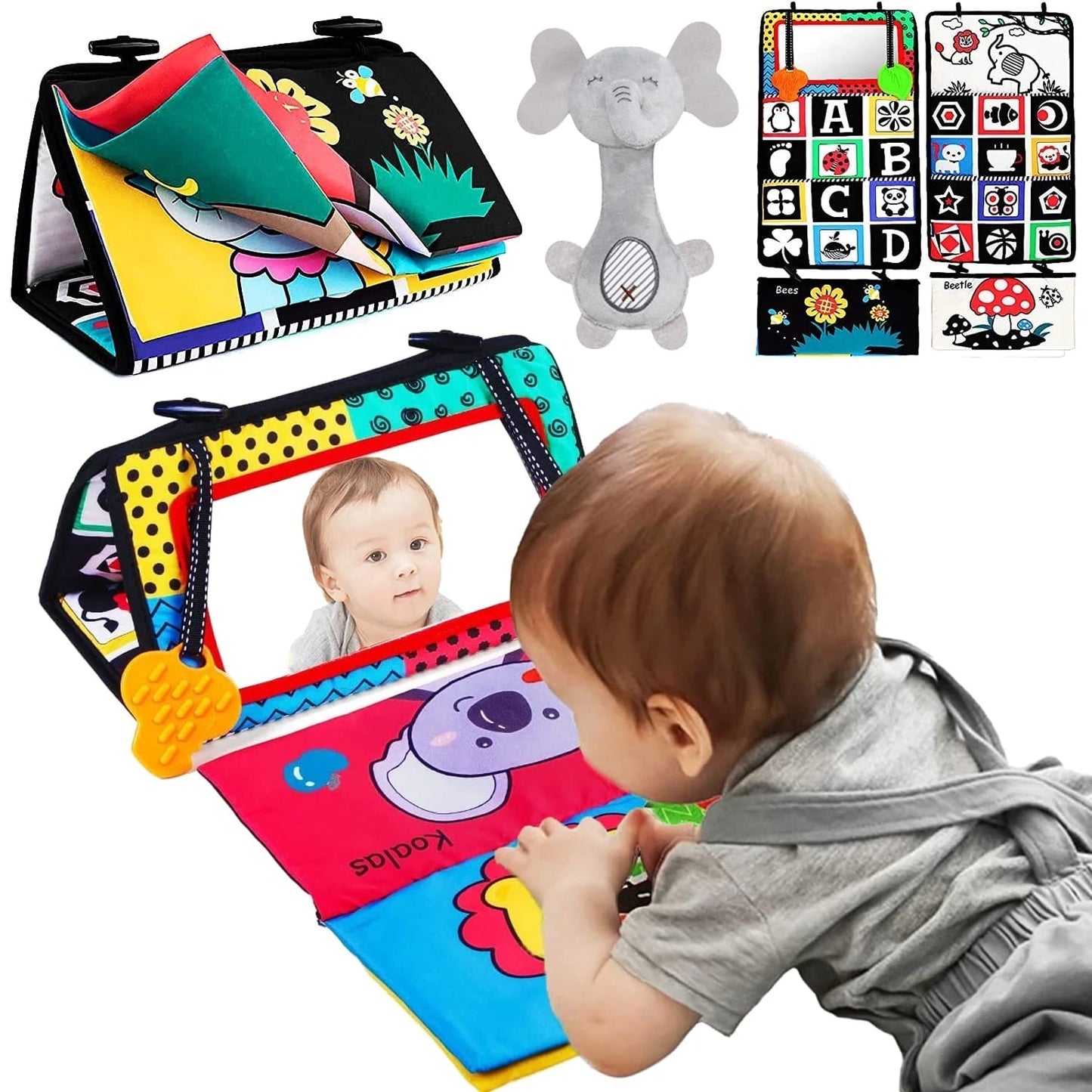 Baby Toys 0-6 Months Boy Gifts, Baby Mirror Toys with Soft Crinkle 3D Activity Book, Teethers, Rattle, Developmental Montessori Sensory Crawling Toy, Newborn, Infant 0-3-4-6-12 Month