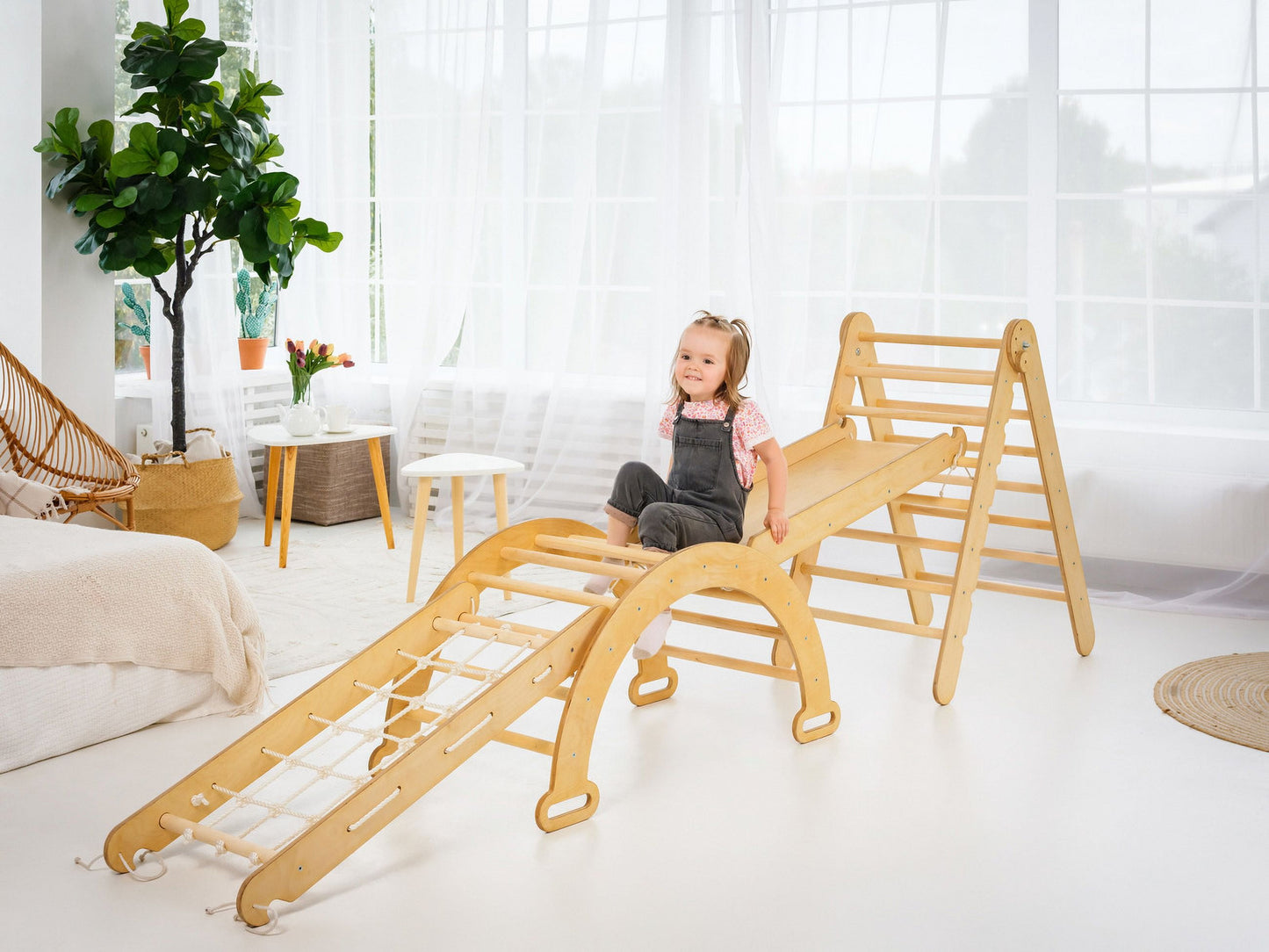 Trapeze Wood Swing Set, Wood Beige, 40.90” X 21.06” X 6.29”