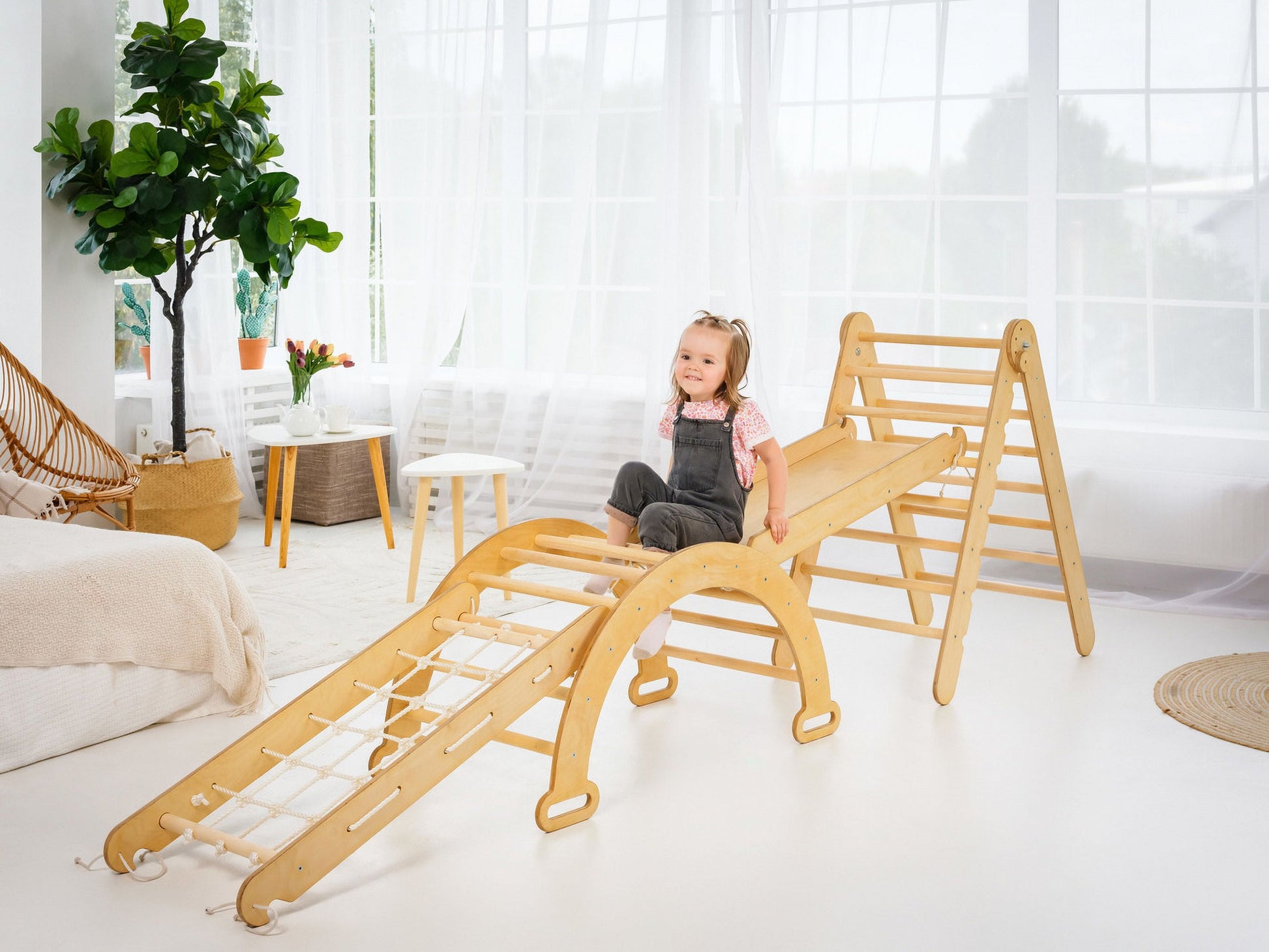 Trapeze Wood Swing Set, Wood Beige, 40.90” X 21.06” X 6.29”