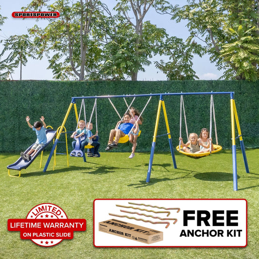 Super Star Metal Swing Set with Saucer Swing, Glider Swing, Lifetime Warranty on Blow Molded Slide, and Bonus Anchor Kit